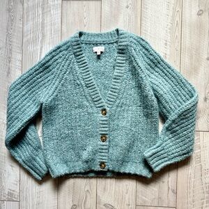 The Lucky Brand Women’s XS Blue Wool Blend Cardigan Sweater Chunky Yarn Warm Coz